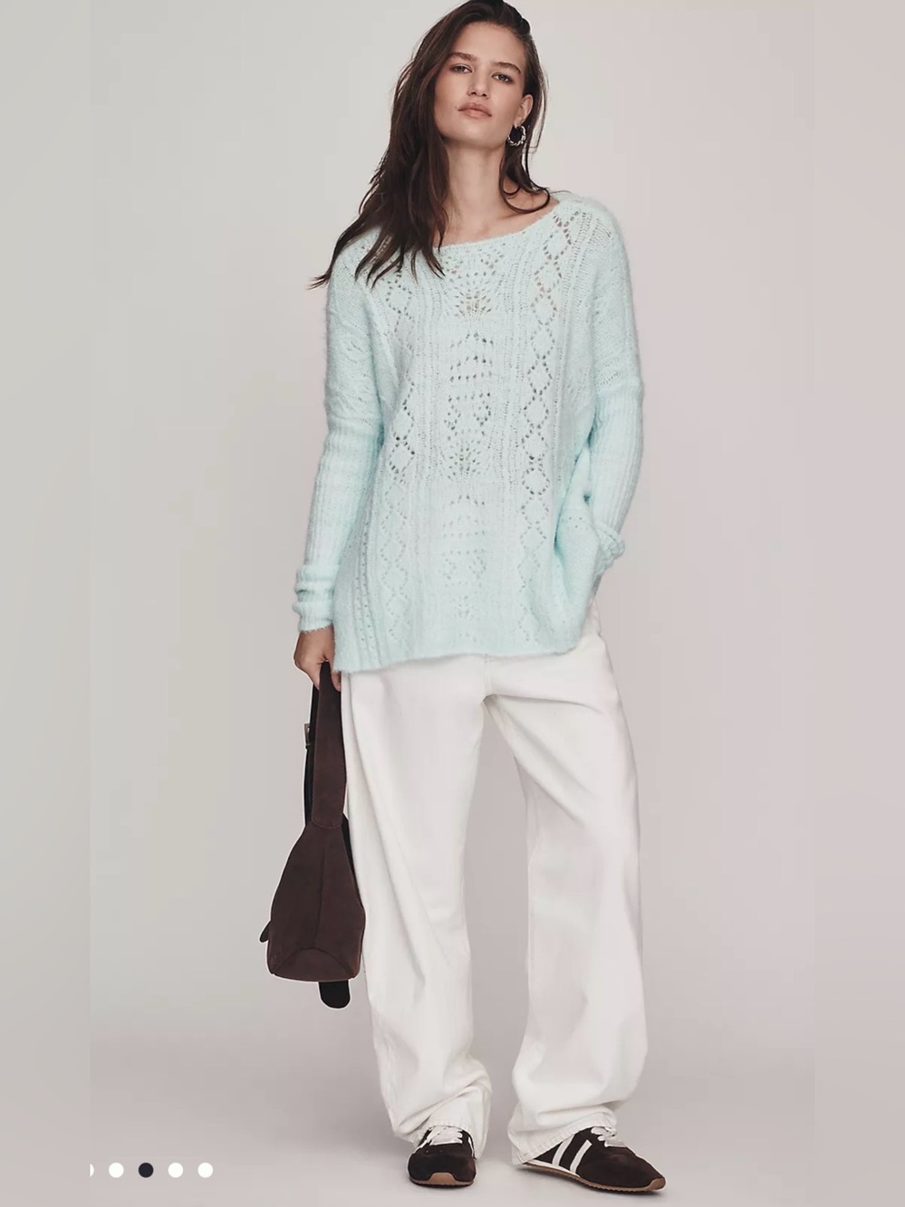 Anthropologie Long Sleeve Pointelle Sweater Lightweight Slouchy Knit Green Blue